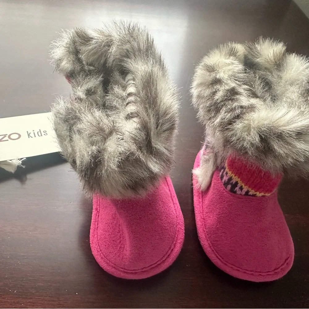 Kenzo Pink knit-striped and faux fur baby booties NWT